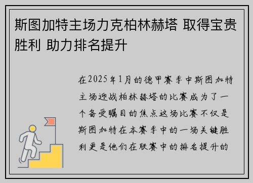 斯图加特主场力克柏林赫塔 取得宝贵胜利 助力排名提升
