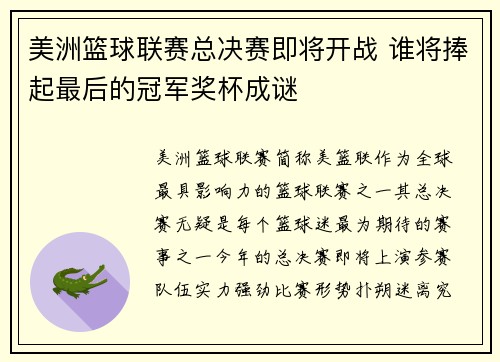 美洲篮球联赛总决赛即将开战 谁将捧起最后的冠军奖杯成谜