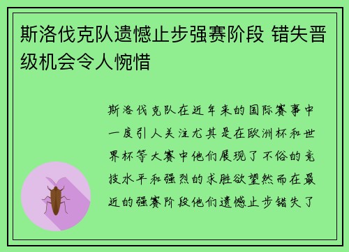 斯洛伐克队遗憾止步强赛阶段 错失晋级机会令人惋惜