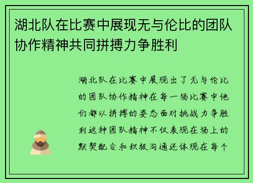 湖北队在比赛中展现无与伦比的团队协作精神共同拼搏力争胜利