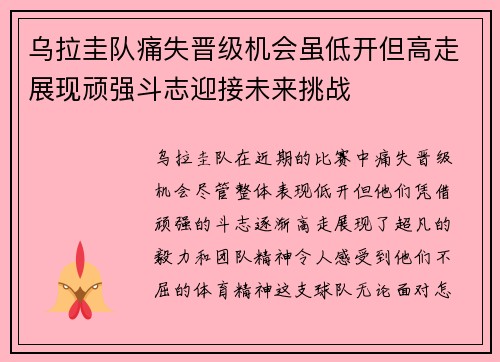 乌拉圭队痛失晋级机会虽低开但高走展现顽强斗志迎接未来挑战