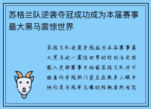苏格兰队逆袭夺冠成功成为本届赛事最大黑马震惊世界